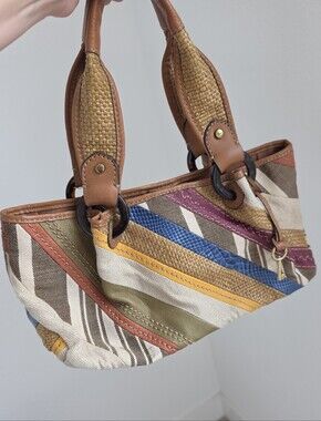 Y2K Fossil Patchwork Leather Raffia Canvas Tote Bag Boho Coastal Western